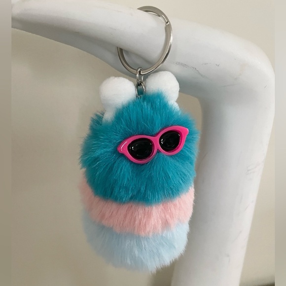 Blue & Pink Sunglasses Character Fluffy Pom Pom Keychain Accessory - Picture 11 of 14